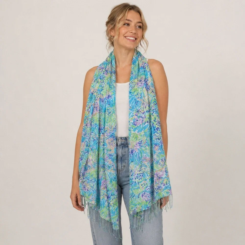 Lilly Pulitzer Scarf Women OS Blue Silk Cashmere Floral Fringe Murfree 73236